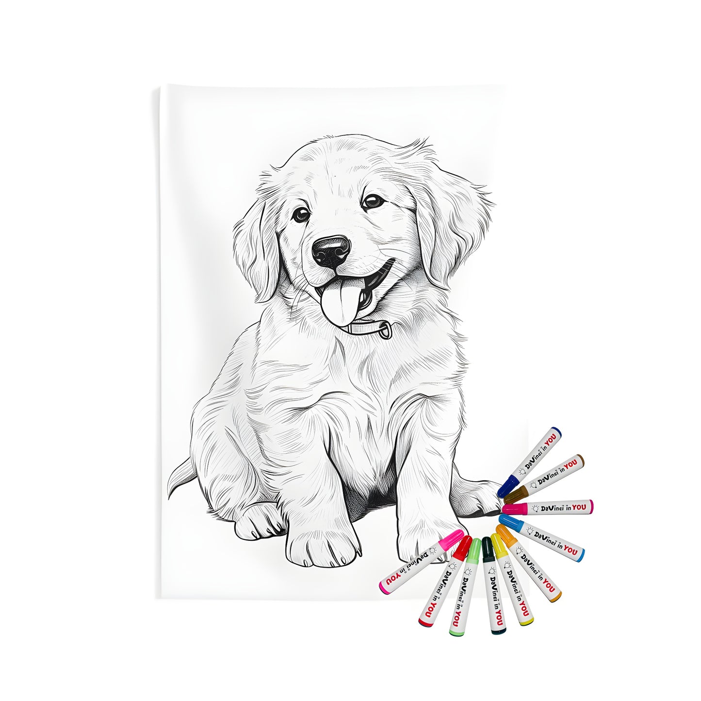 Indoor wall tapestries coloring kit featuring a cute and playful golden retriever puppy illustration. Perfect for dog lovers and fans of whimsical art.