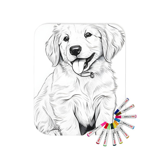 Cute blanket featuring a fun black and white illustration of a happy golden retriever dog sitting with its tongue out, wearing a collar. Perfect for puppy lovers!