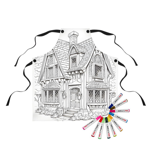 Cozy cottage-themed apron with detailed illustration of a quaint home, perfect for any fan of rustic homes and charming villages