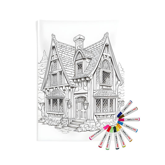 Cozy cottage-inspired indoor wall tapestries for sale with 10 vibrant fabric markers perfect for adult coloring