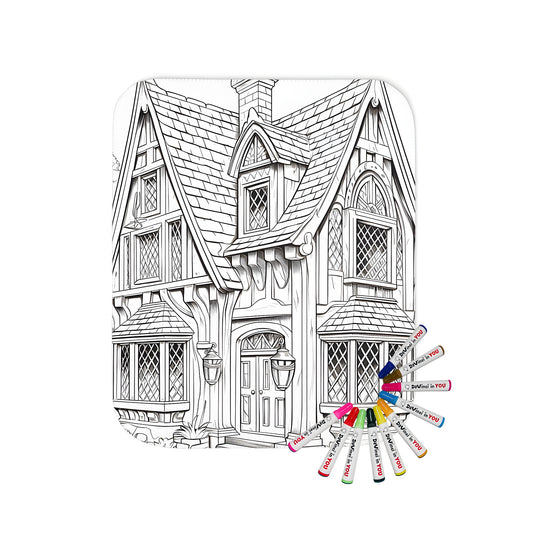 Cozy blanket with a vintage cottage illustration print, featuring a black and white detailed drawing of a charming home with a pointed roof, large windows, chimney, and lush gardens. Perfect for a rustic or countryside themed bedroom or nursery.