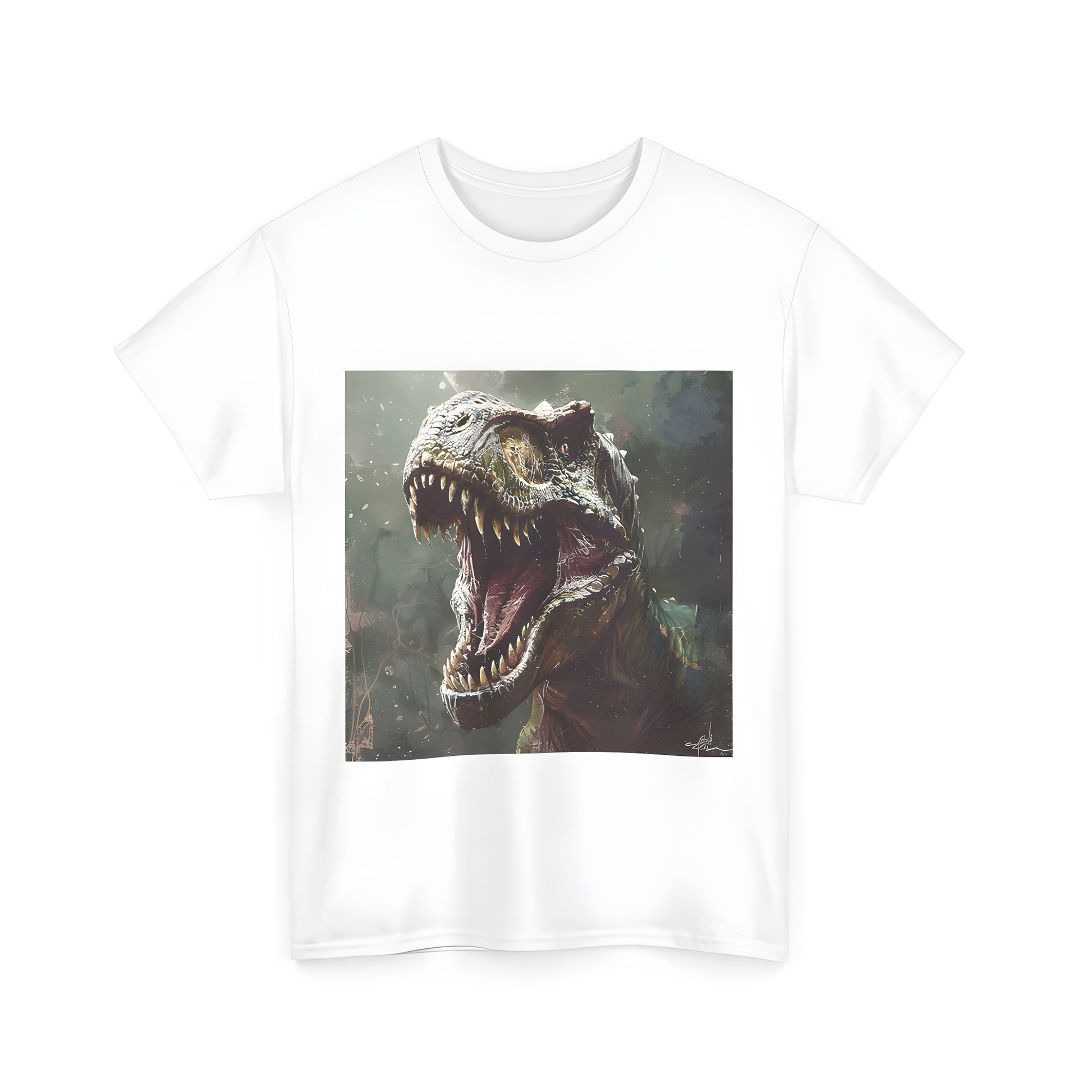 Colorful t-shirt featuring a realistic roaring Dinosaur, T-Rex, Triceratops-like creature in the jungle