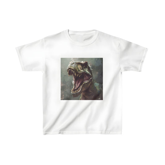 Kid's T-shirt with a colorful Apatosaurus, Stegosaurus, or Velociraptor dinosaur design for boys, featuring a roaring Dino in a dark jungle