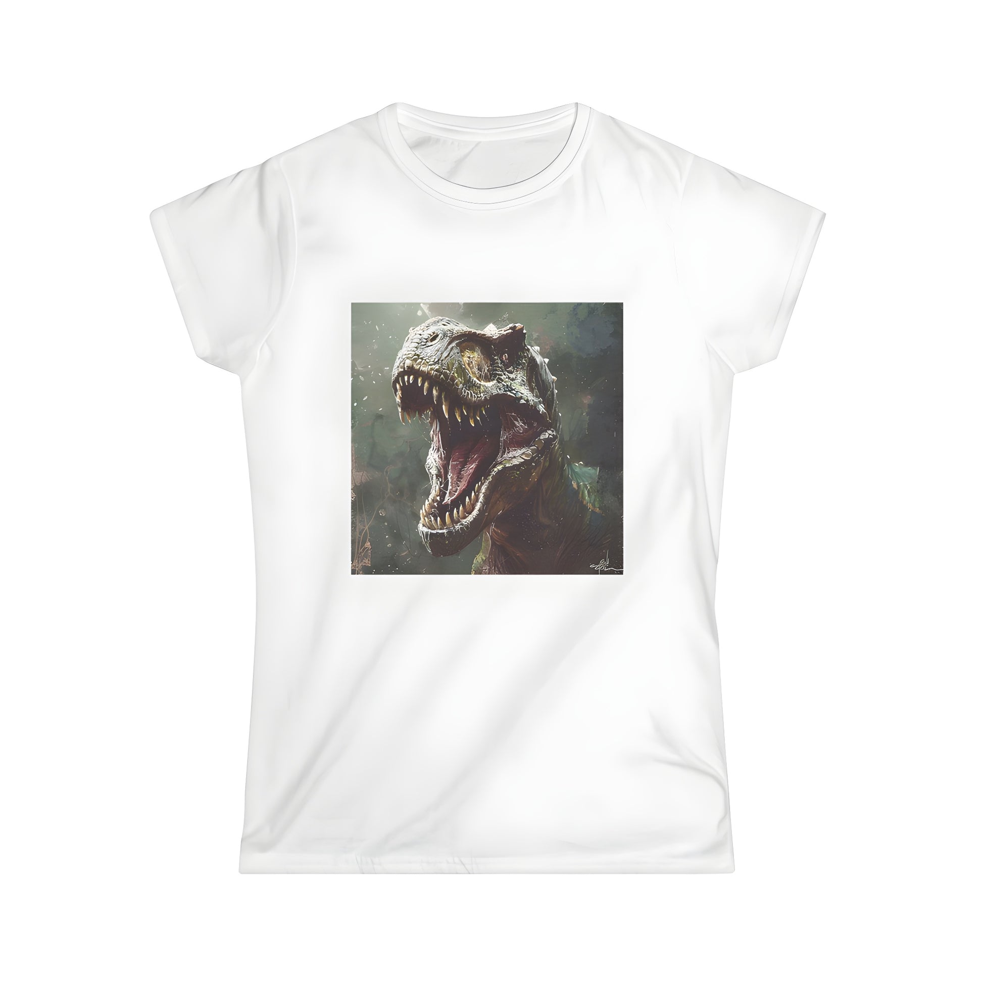 Colorful Women's T-Shirt featuring a roaring Dinosaur, a fierce Velociraptor or perhaps even a mighty Raptor, in a dark jungle setting.