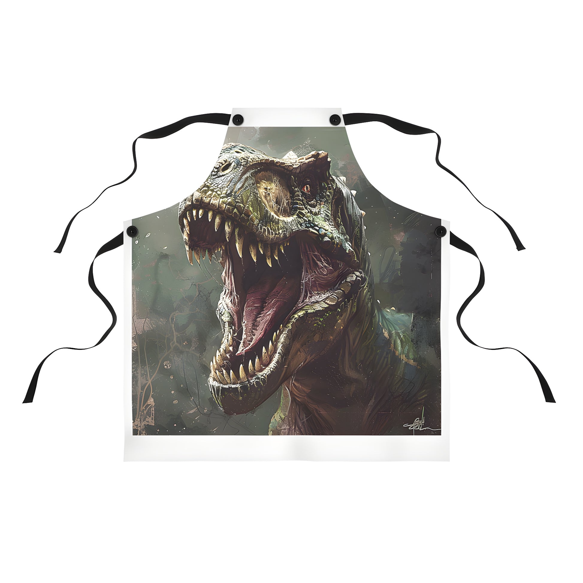 A colorful and vibrant apron featuring a detailed illustration of a T-Rex or Dinosaur in a dark jungle setting, adding a touch of prehistoric charm to any outfit.