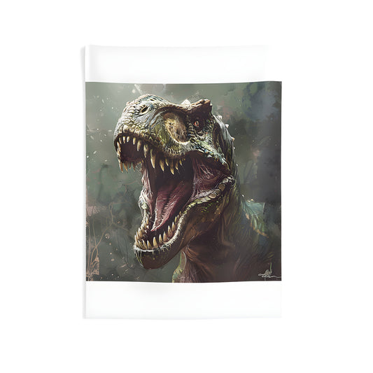 Indoor wall tapestry featuring a realistic colorful design of a roaring dinosaur in a dark jungle