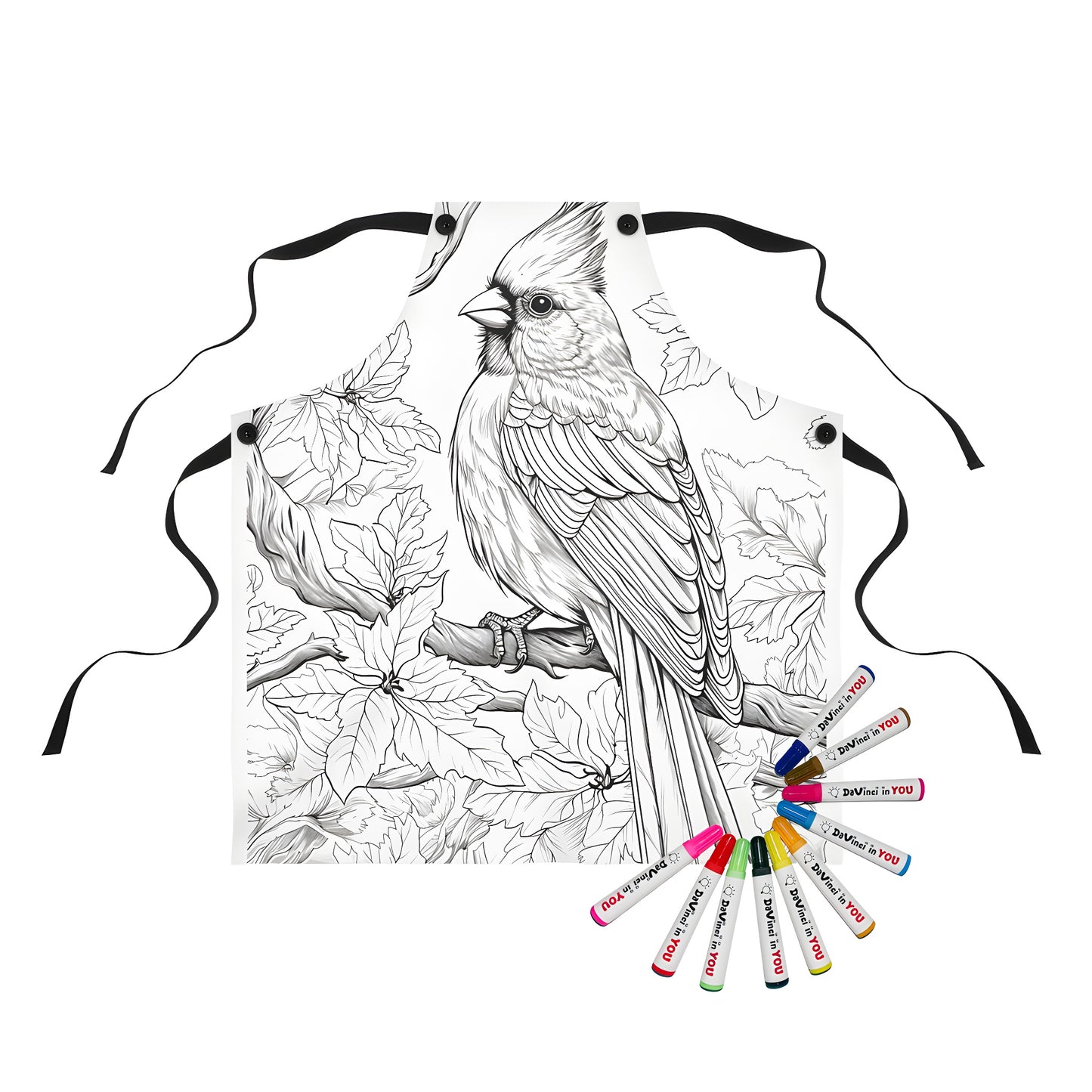 Colorful songbird apron with intricate branch and leaf details for a fun adult coloring experience