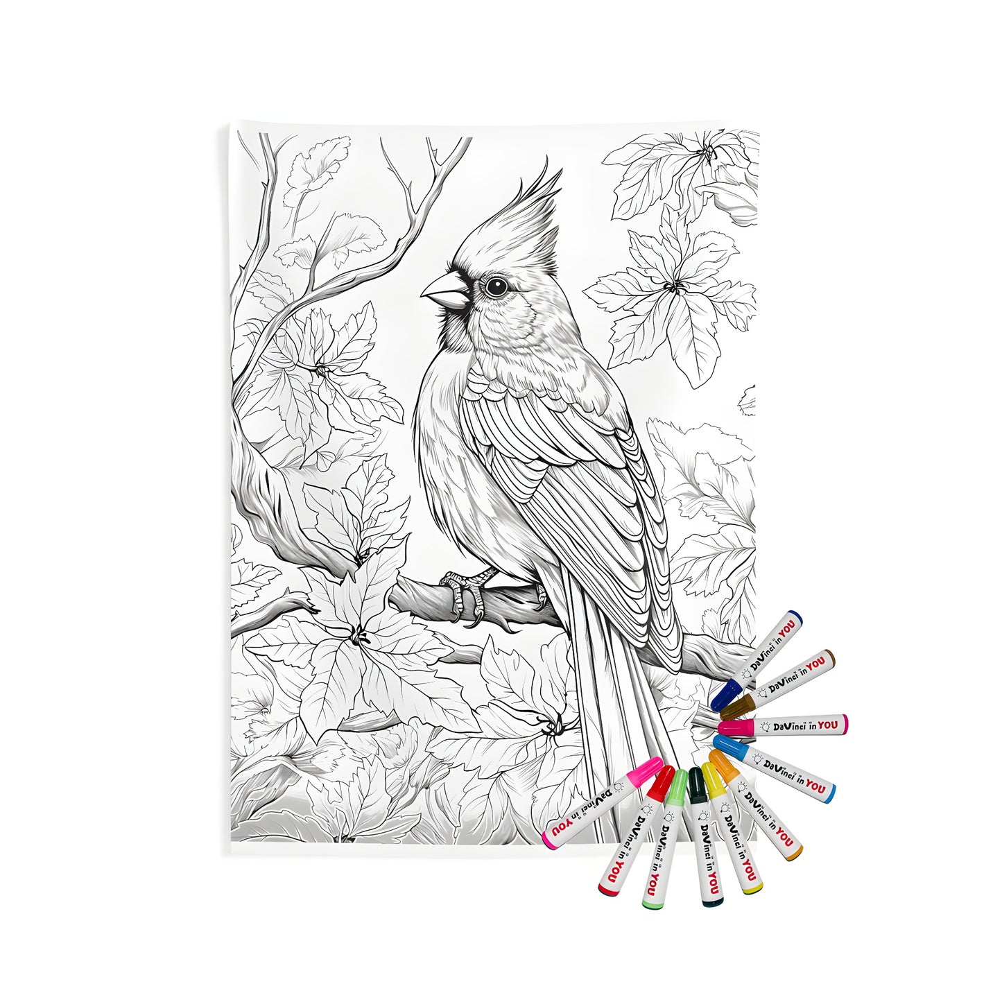 Coloring kit and indoor wall tapestry featuring a songbird illustration