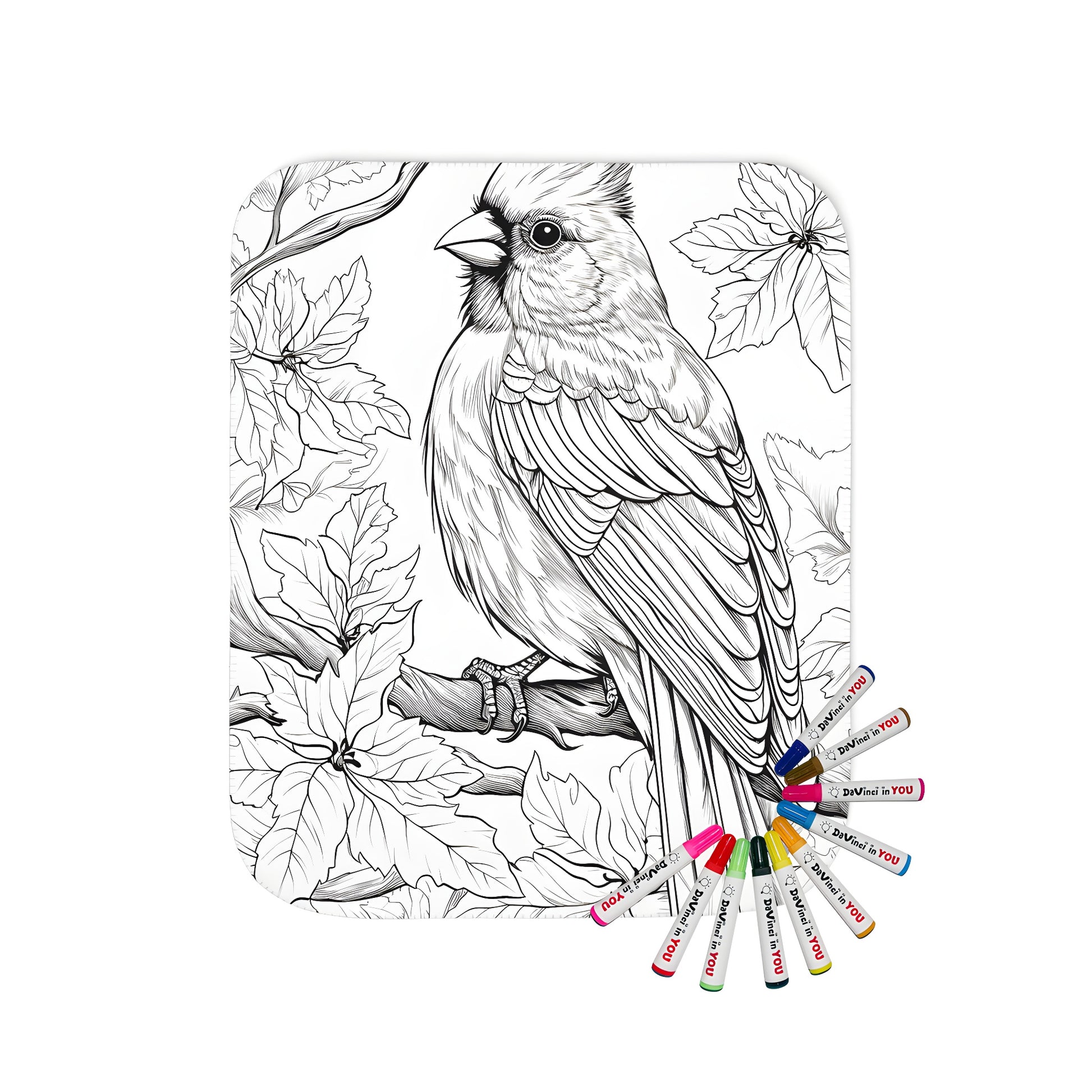 Detailed illustration of songbird perched on branch surrounded by foliage printed on cozy blanket