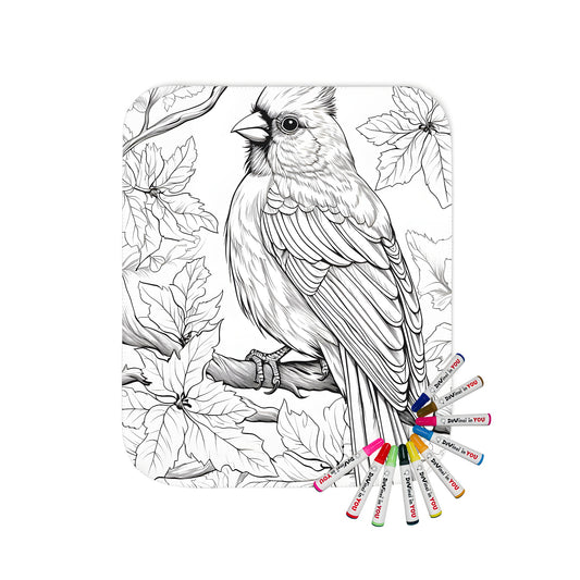 Detailed illustration of songbird perched on branch surrounded by foliage printed on cozy blanket