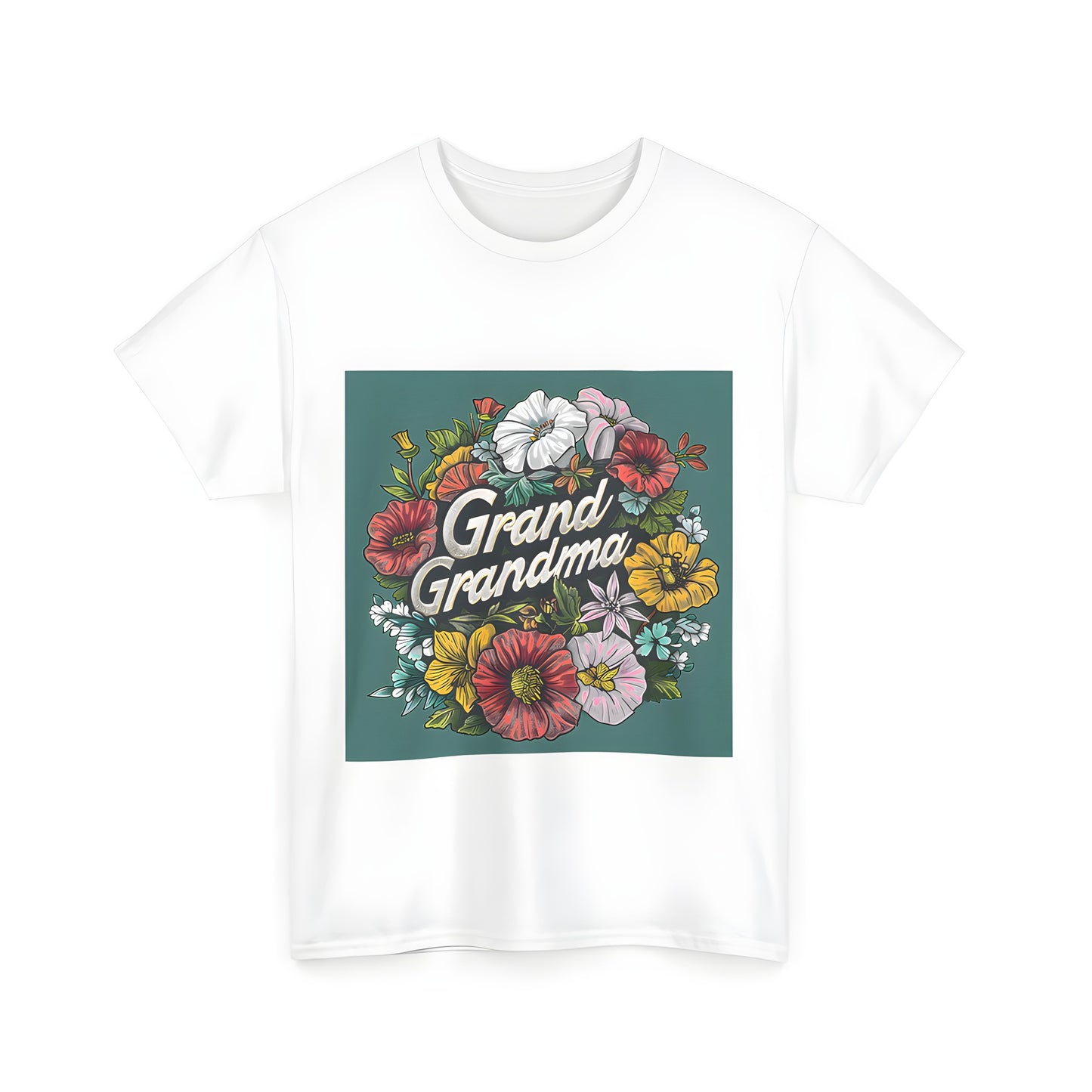 Unisex T-shirt featuring colorful floral illustration of various flowers surrounding 'Grand Grandma' or Nana on green background