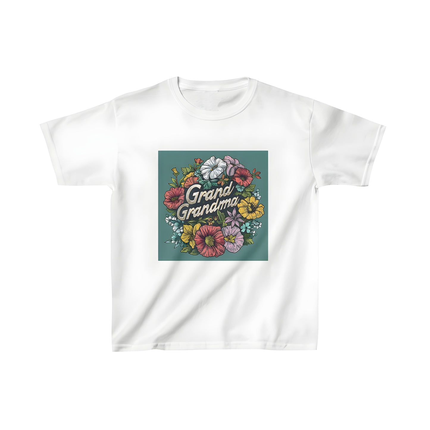 Kids t-shirt featuring colorful floral illustration with Grand Mom design