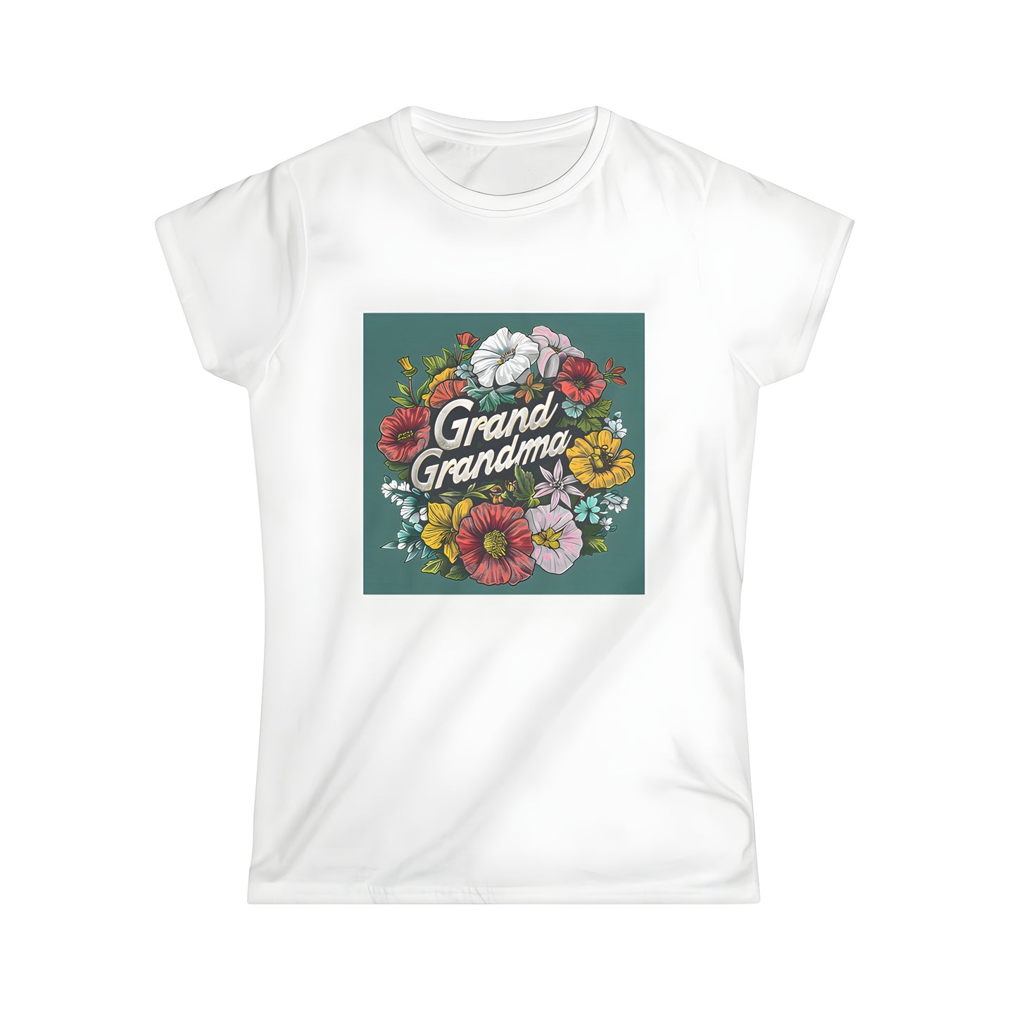 Women's T-Shirt featuring colorful floral illustration of grandmom, grandma, nana, or mimi designs on green background