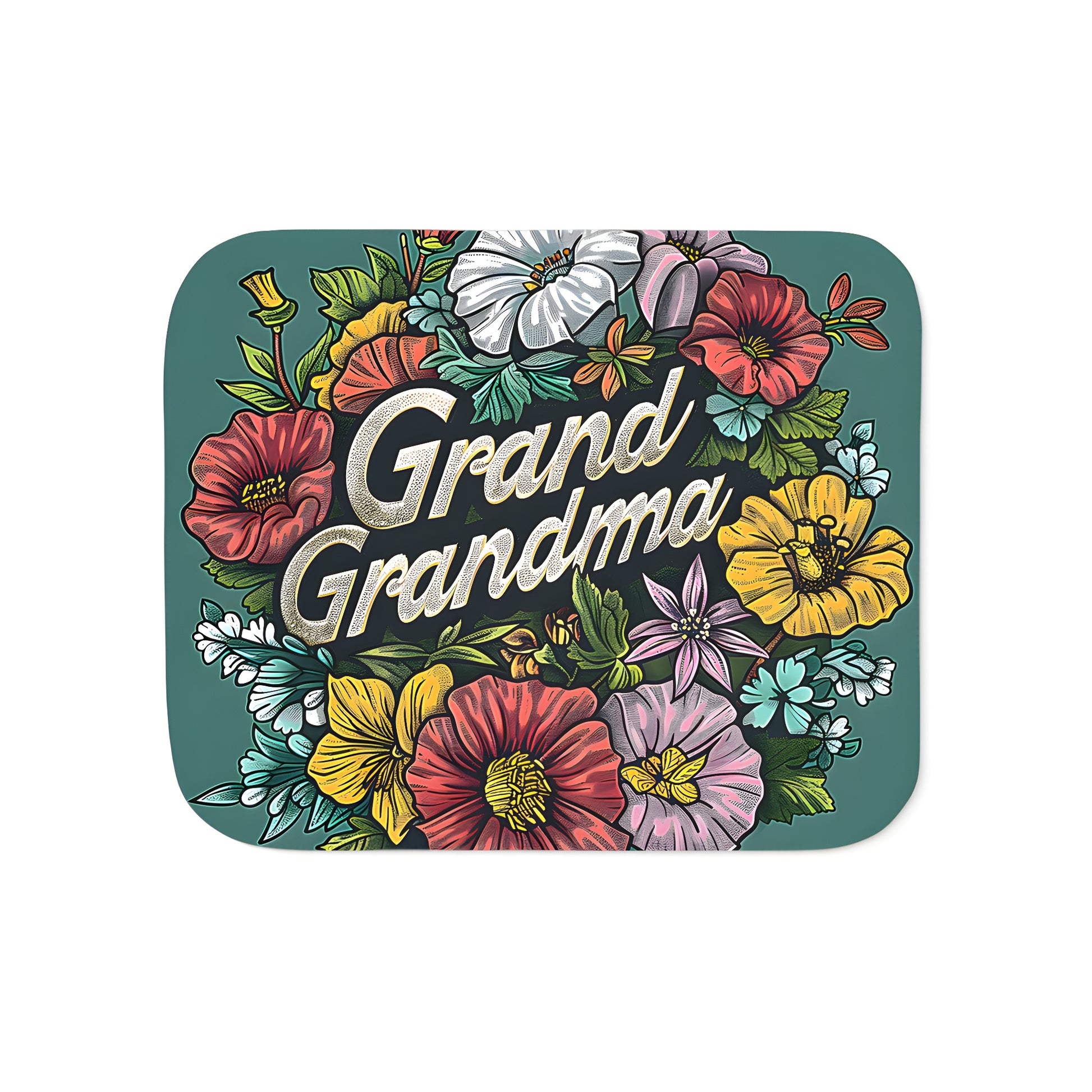 Cozy blanket with vintage floral illustration and 'Nana', 'Grandma', 'Mimi' designs on green background