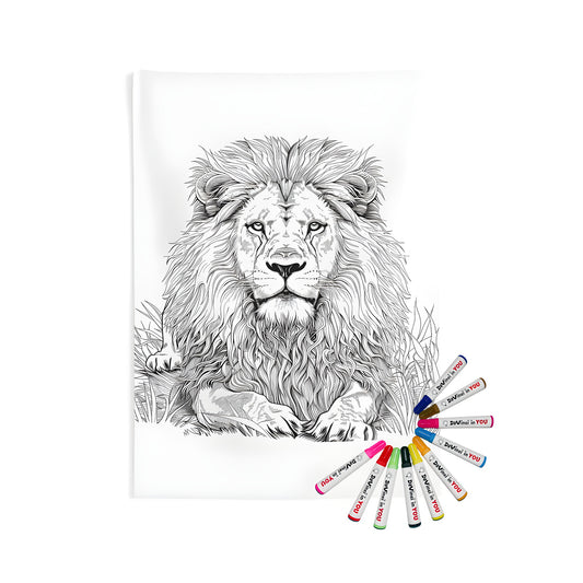 Detailed black and white illustration of a lion lying down for an Indoor Wall Tapestries coloring kit