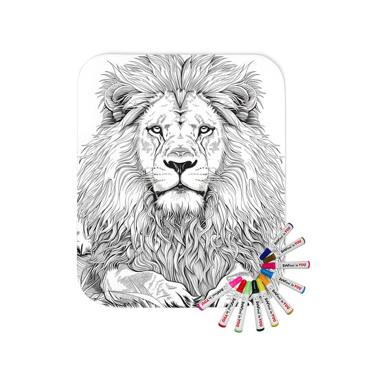 Blanket with colorful lion design, detailed illustration of majestic cat lying down