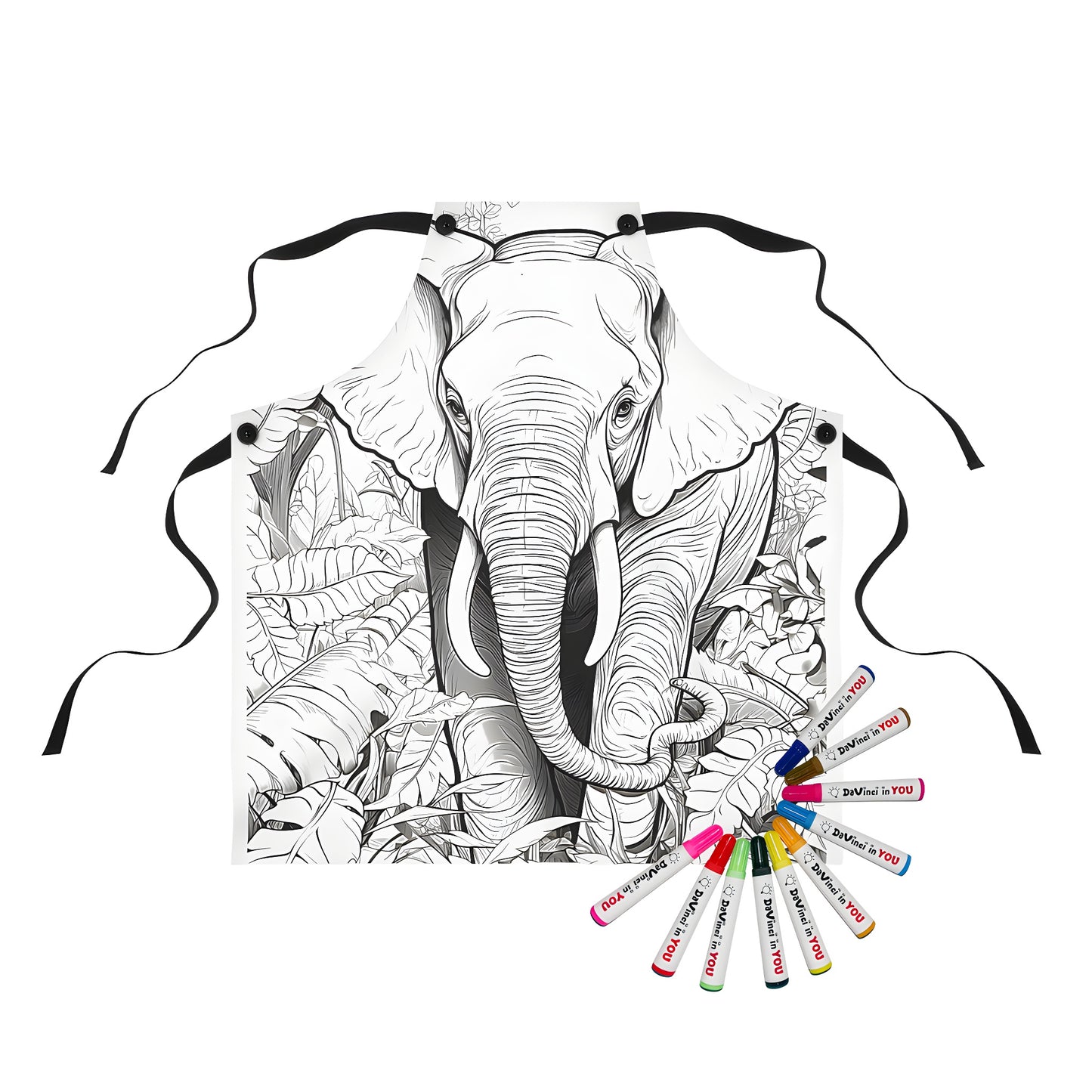 Coloring apron with elephant design inspired by jungle theme