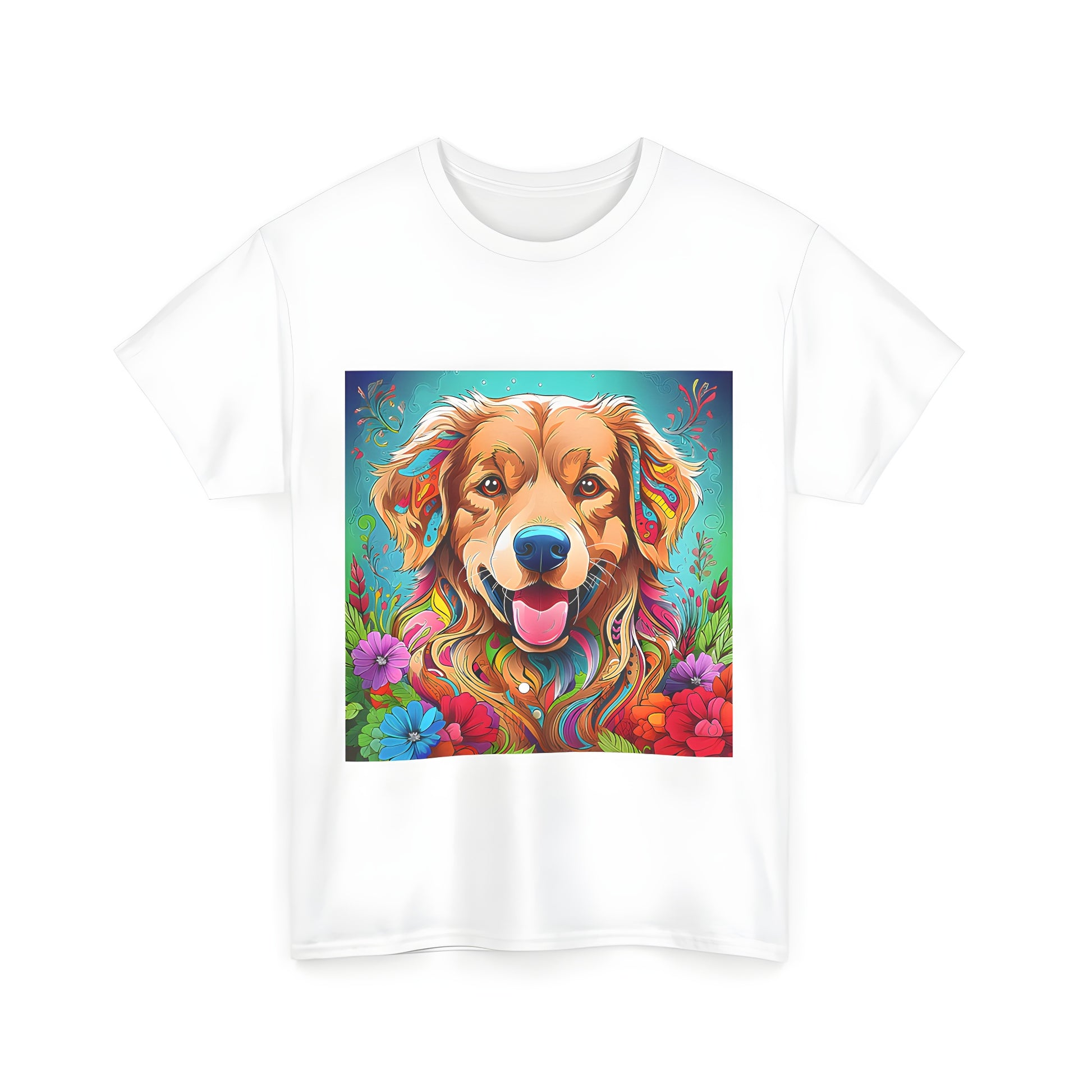 Vibrant, psychedelic illustration of a golden retriever breed dog surrounded by colorful abstract flowers and foliage on a unisex t-shirt