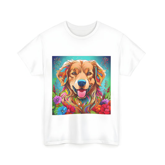 Vibrant, psychedelic illustration of a golden retriever breed dog surrounded by colorful abstract flowers and foliage on a unisex t-shirt