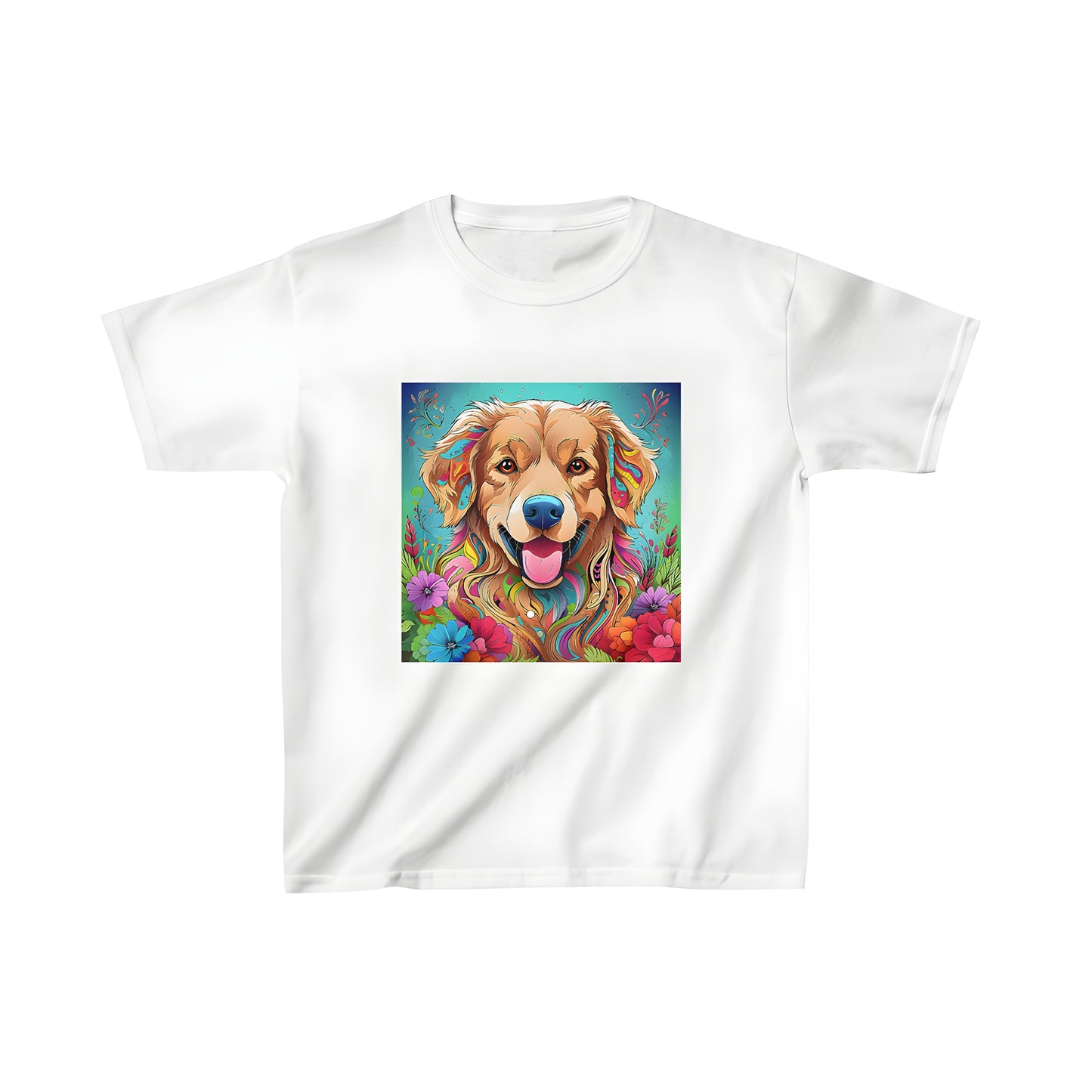 Kid's T-Shirt featuring a vibrant, psychedelic illustration of a Golden Retriever surrounded by colorful abstract flowers and foliage.