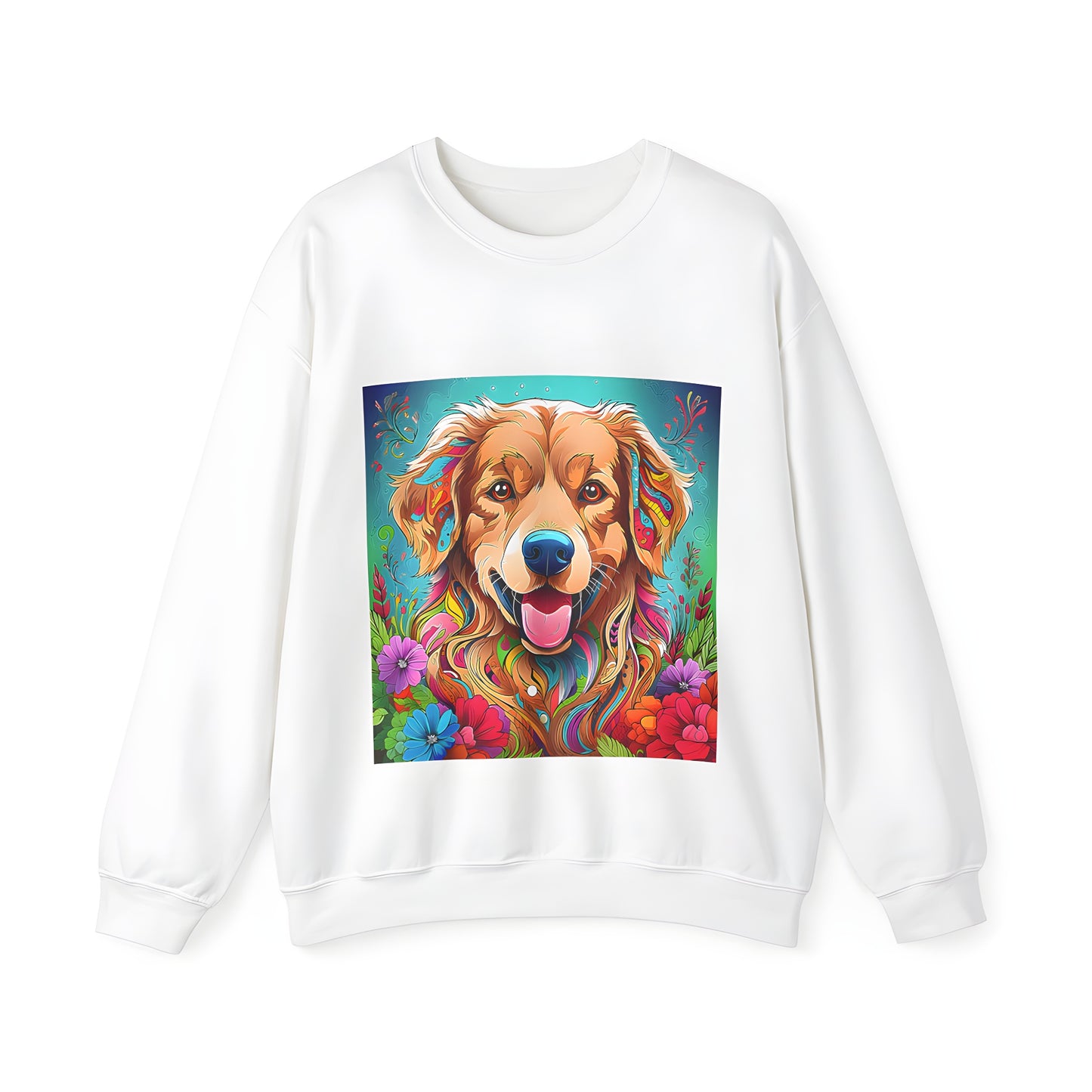 Adult sweatshirt featuring a vibrant, psychedelic illustration of a golden retriever surrounded by colorful abstract flowers and foliage