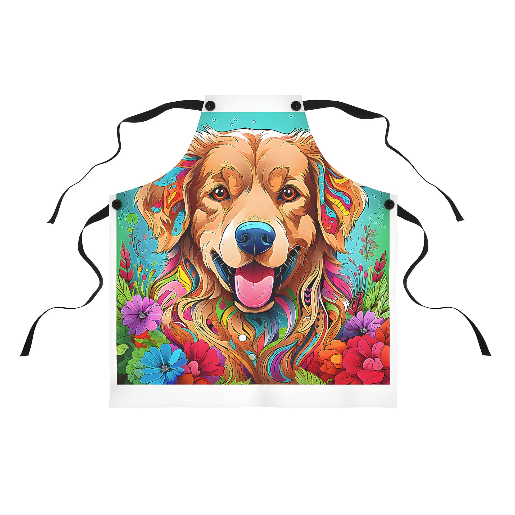 Colorful psychedelic illustration of a golden retriever apron surrounded by vibrant flowers and foliage