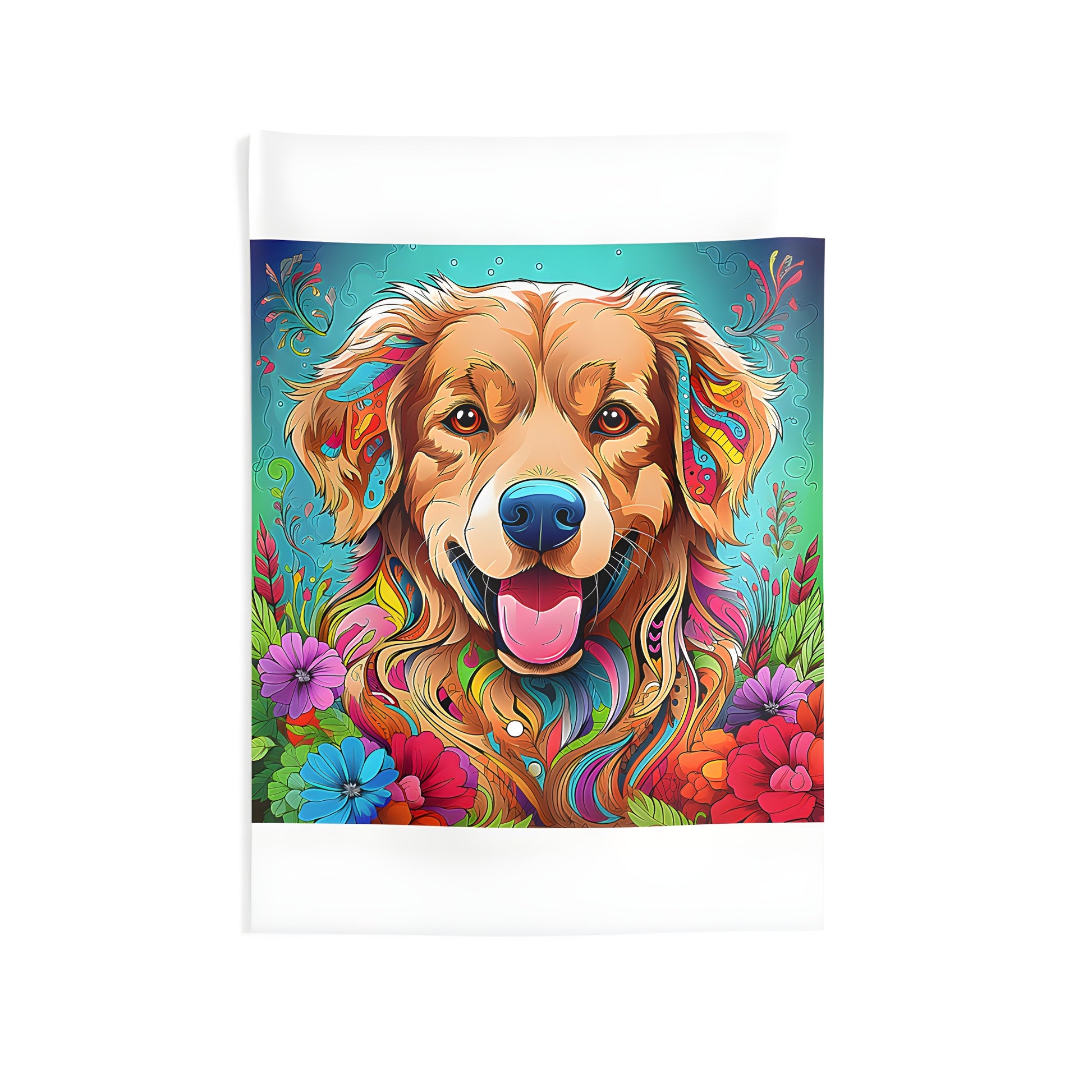 Indoor wall tapestry featuring a vibrant, psychedelic illustration of a golden retriever surrounded by colorful abstract flowers and foliage.