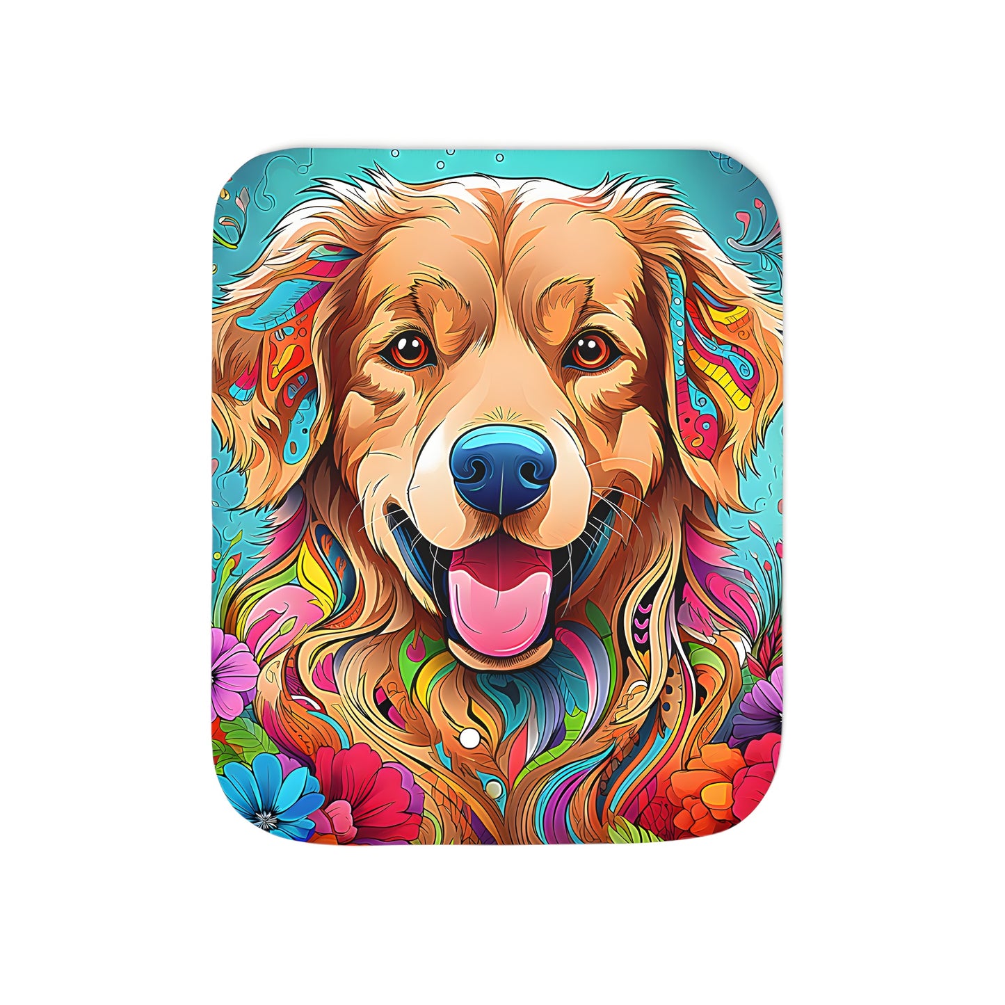 Colorful dog blanket featuring a vibrant illustration of a golden retriever surrounded by abstract flowers and foliage