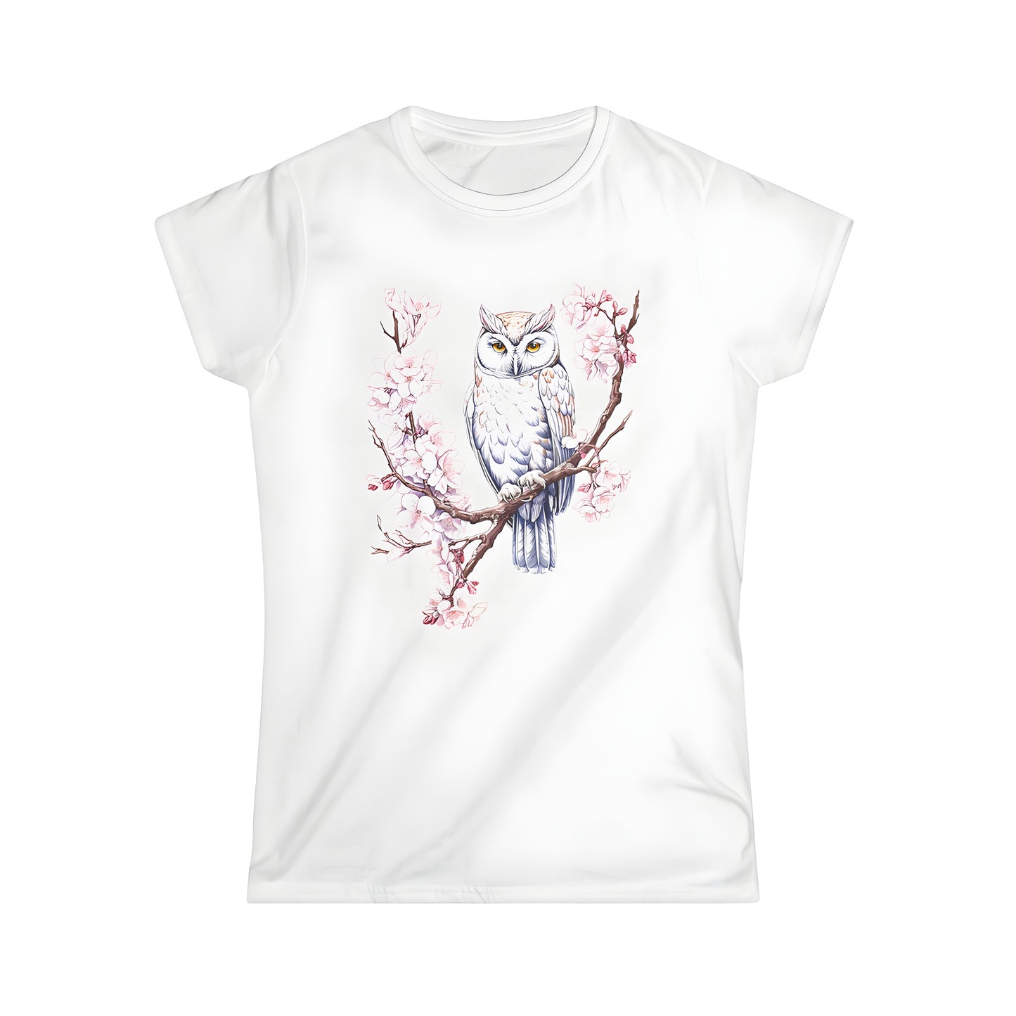 Women's T-shirt with vibrant illustration of an owl perched on a blooming branch, featuring intricate feathers and flowers