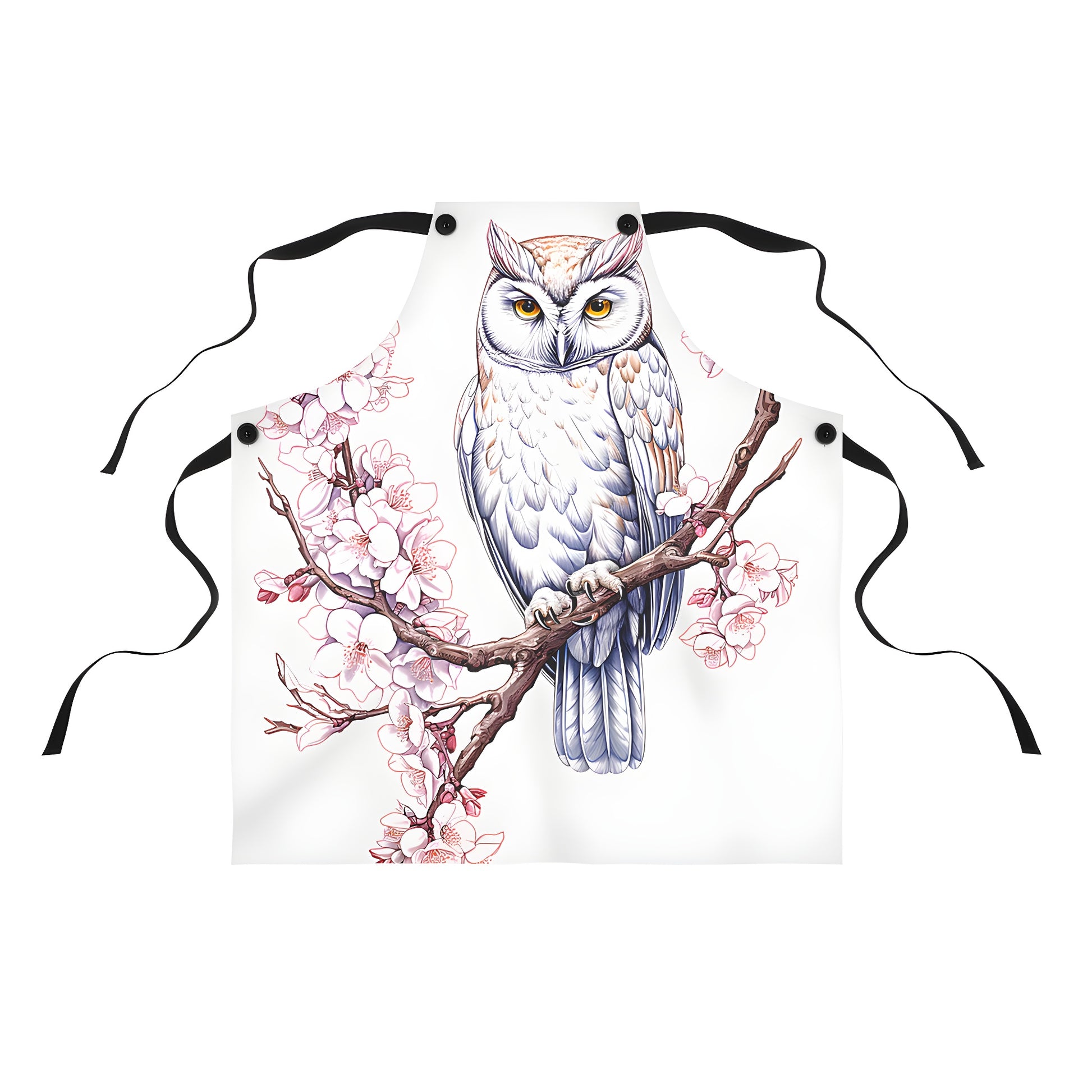 Colorful apron with an owl perched on a blossoming branch design