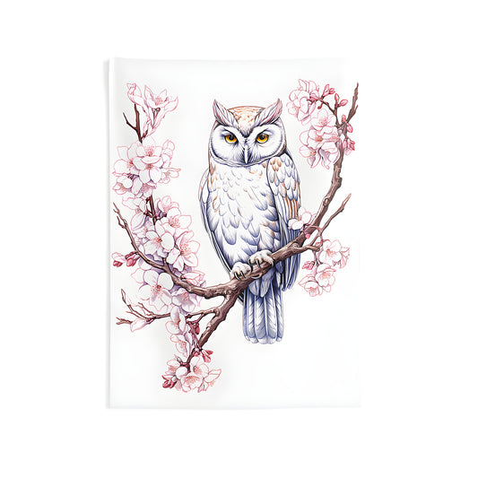 Colorful indoor wall tapestry featuring an owl perched on a blossoming branch with intricate details