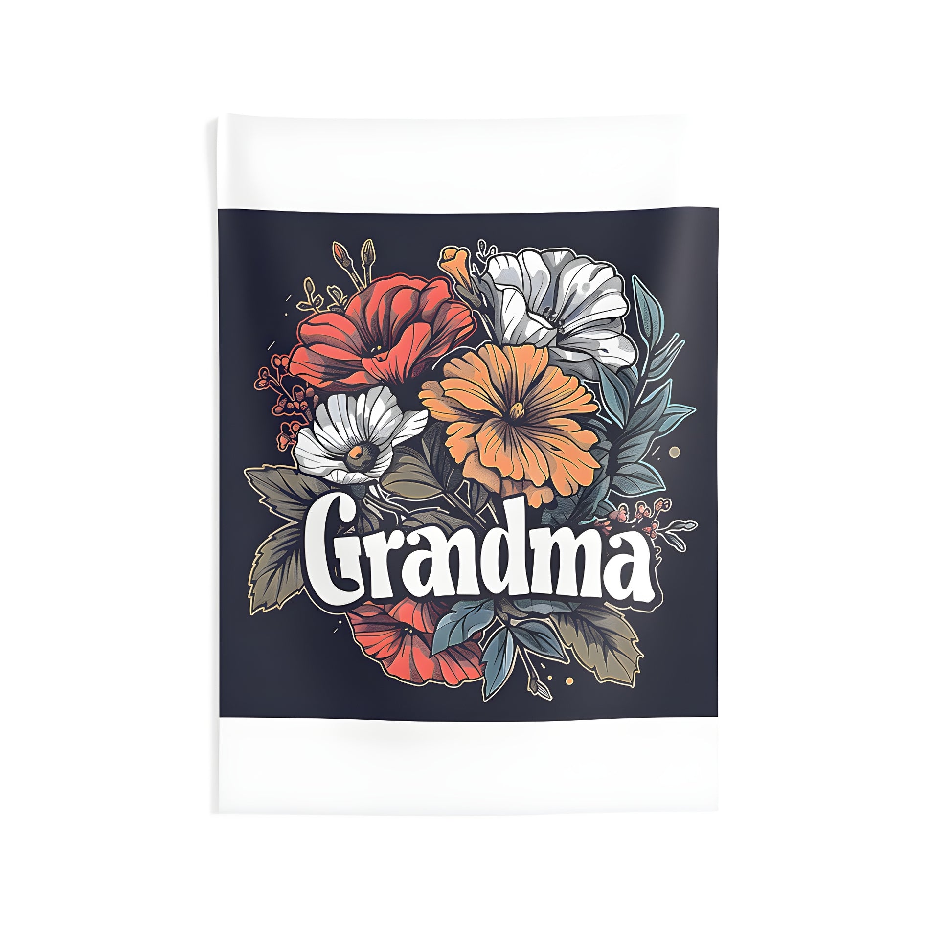 Colorful Indoor Wall Tapestry featuring a vibrant floral arrangement, illustration of red, orange, and white flowers, green leaves, with the word 'Grandma' in bold letters.