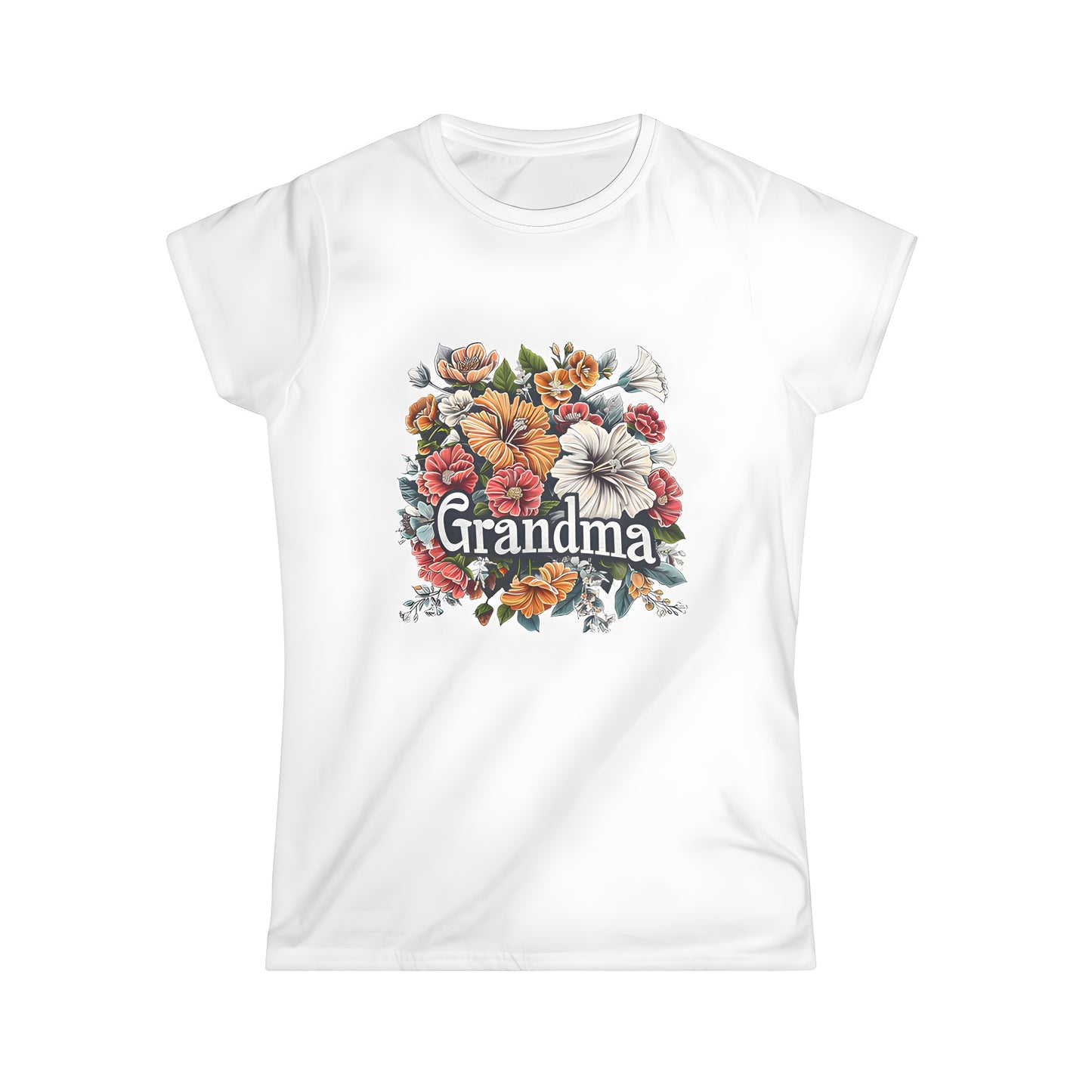 Women's T-shirt with colorful flower arrangement, bouquet, posy, and lush leaves on a vibrant background featuring 'Grandma' print