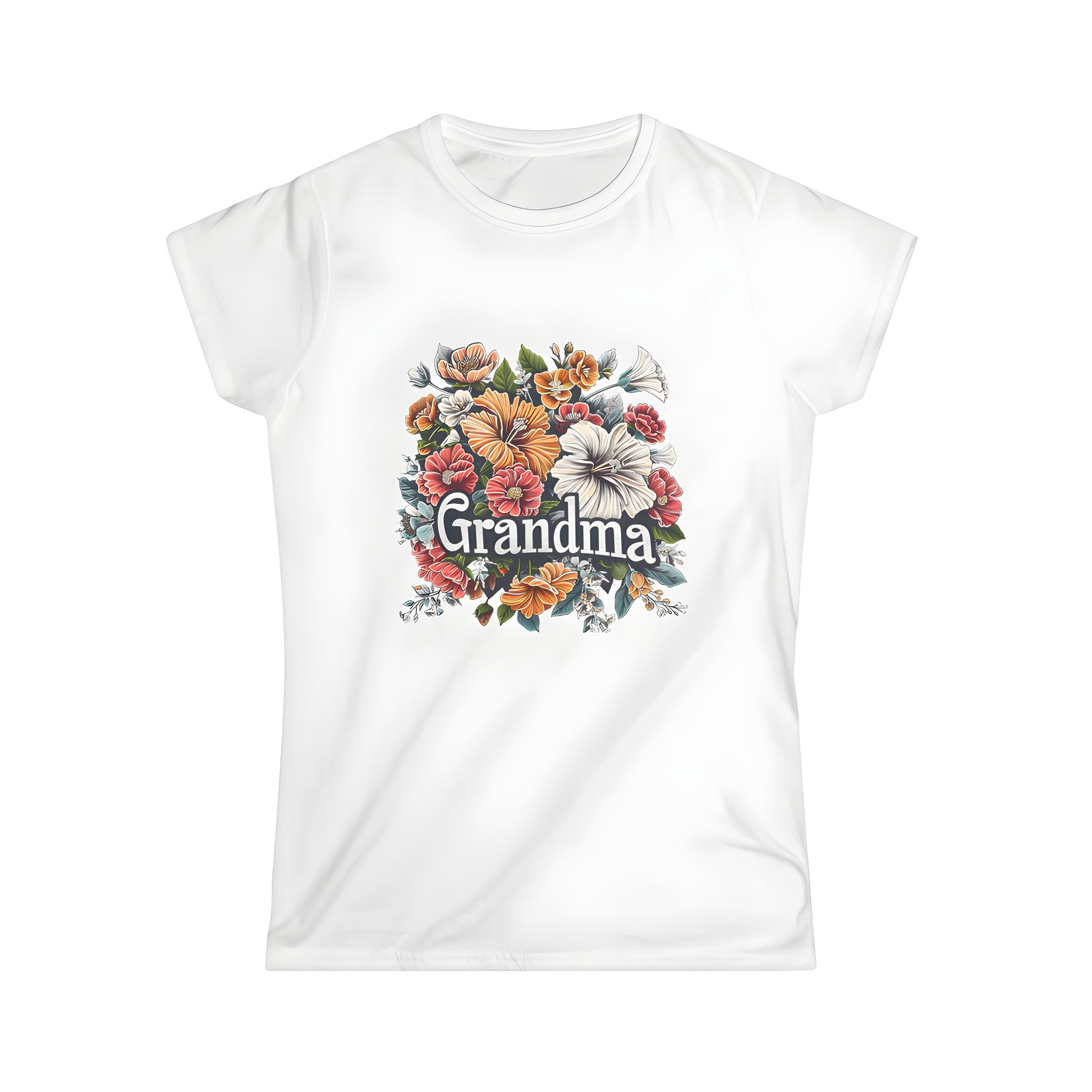 Women's T-shirt with colorful flower arrangement, bouquet, posy, and lush leaves on a vibrant background featuring 'Grandma' print