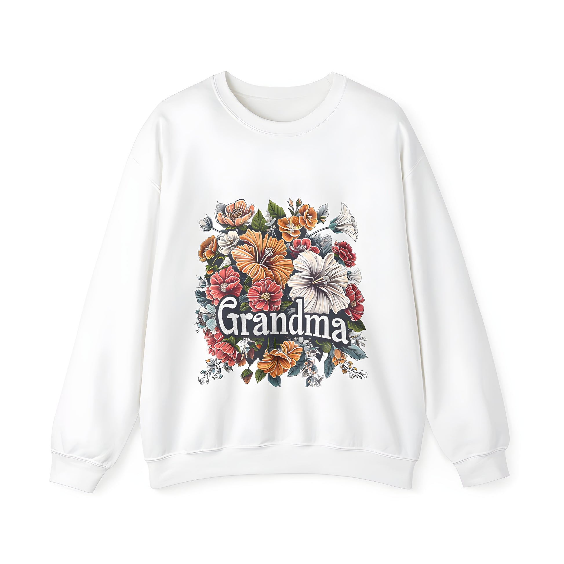 Colorful Adult Sweatshirt featuring a detailed flower arrangement with lush foliage and Grandma's touch