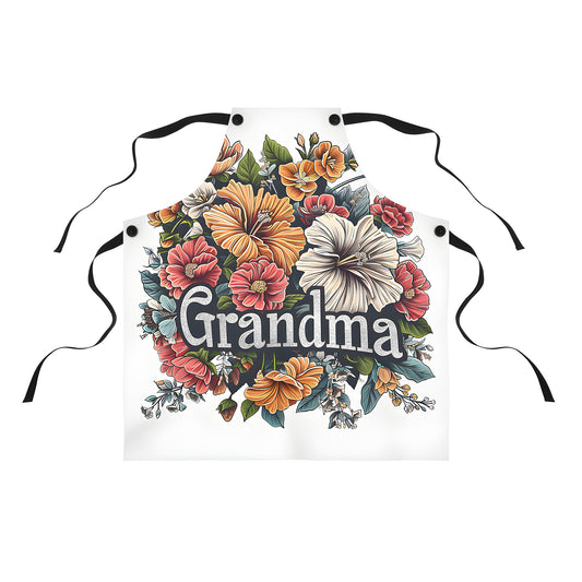 Colorful apron featuring a vibrant floral arrangement with lush greenery and 'Grandma' embroidery