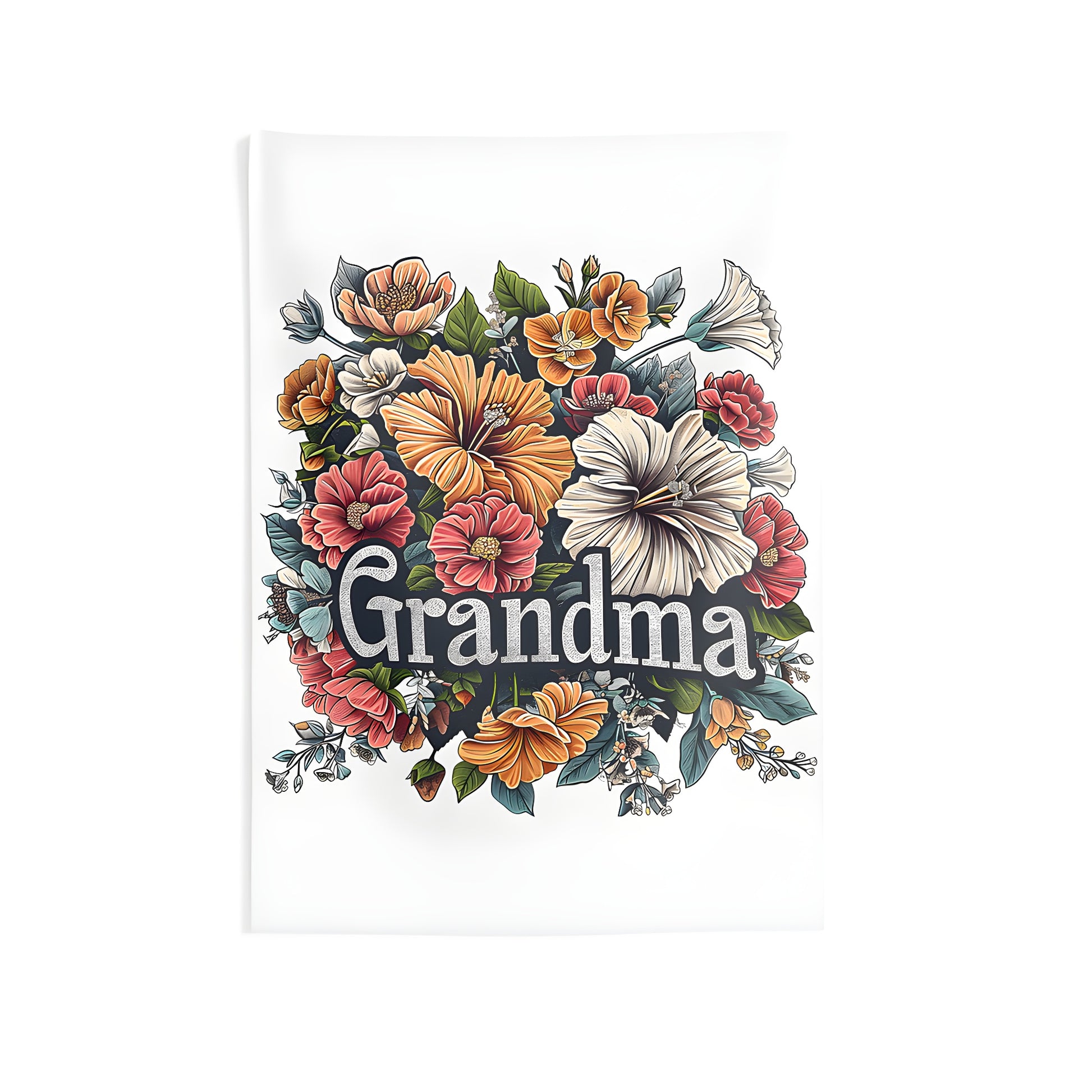 Colorful floral tapestry featuring a detailed flower arrangement with lush green leaves and 'Grandma' embroidered on an indoor wall hanging. Perfect for adding a touch of nature's beauty to your home decor, this vibrant print is also known as an Indoor Wall Tapestries with Floral Arrangement design, a Floral Wreath Tapestry, or a Flower Garland Wall Hanging.