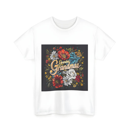 Colorful unisex t-shirt with vibrant floral typography design featuring Grandma Grandmaa surrounded by detailed flowers and leaves