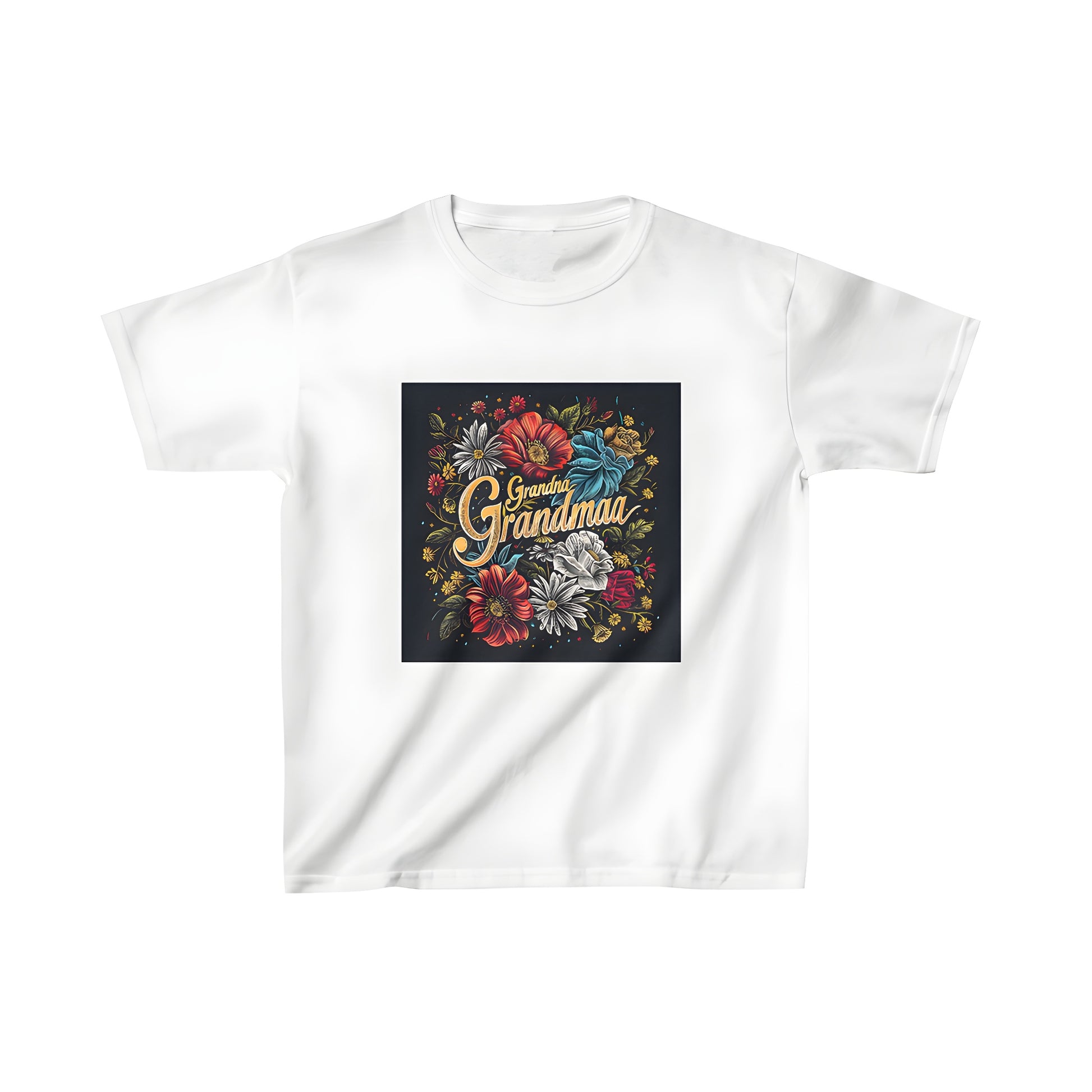 A kid's vibrant t-shirt featuring a Grandma Grandmaa floral typography design with colorful flowers and leaves