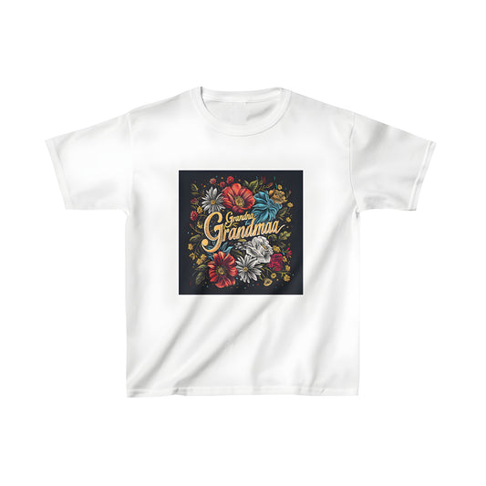 A kid's vibrant t-shirt featuring a Grandma Grandmaa floral typography design with colorful flowers and leaves