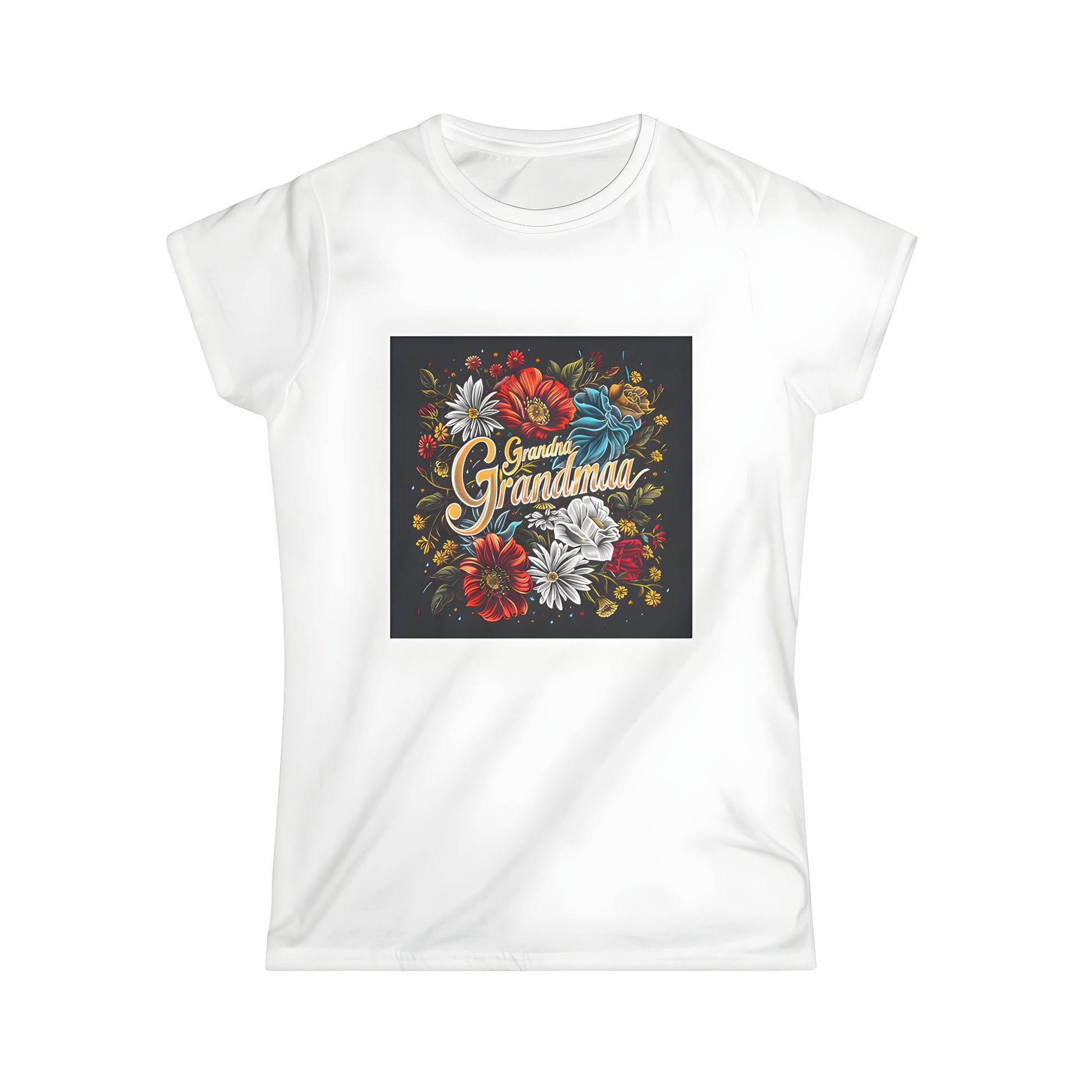 Women's T-shirt with vibrant floral typography design featuring 'Grandma Grandmaa' surrounded by colorful flowers and leaves