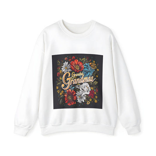 Adult sweatshirt featuring vibrant floral typography design with grandma grandmaa print surrounded by colorful flowers and leaves