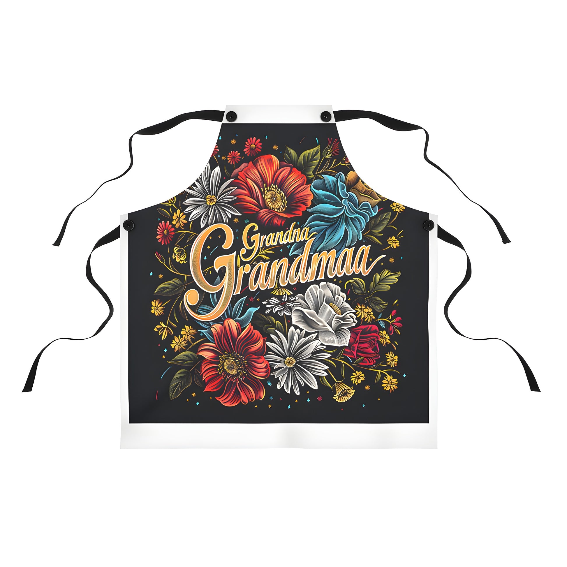 Colorful Apron featuring vibrant floral typography design with Grandma Grandmaa