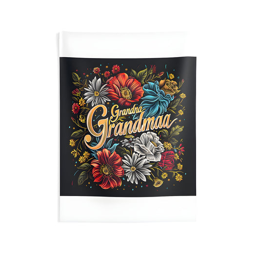 Vibrant floral typography design wall tapestry, Grandma Grandmaa quote decor