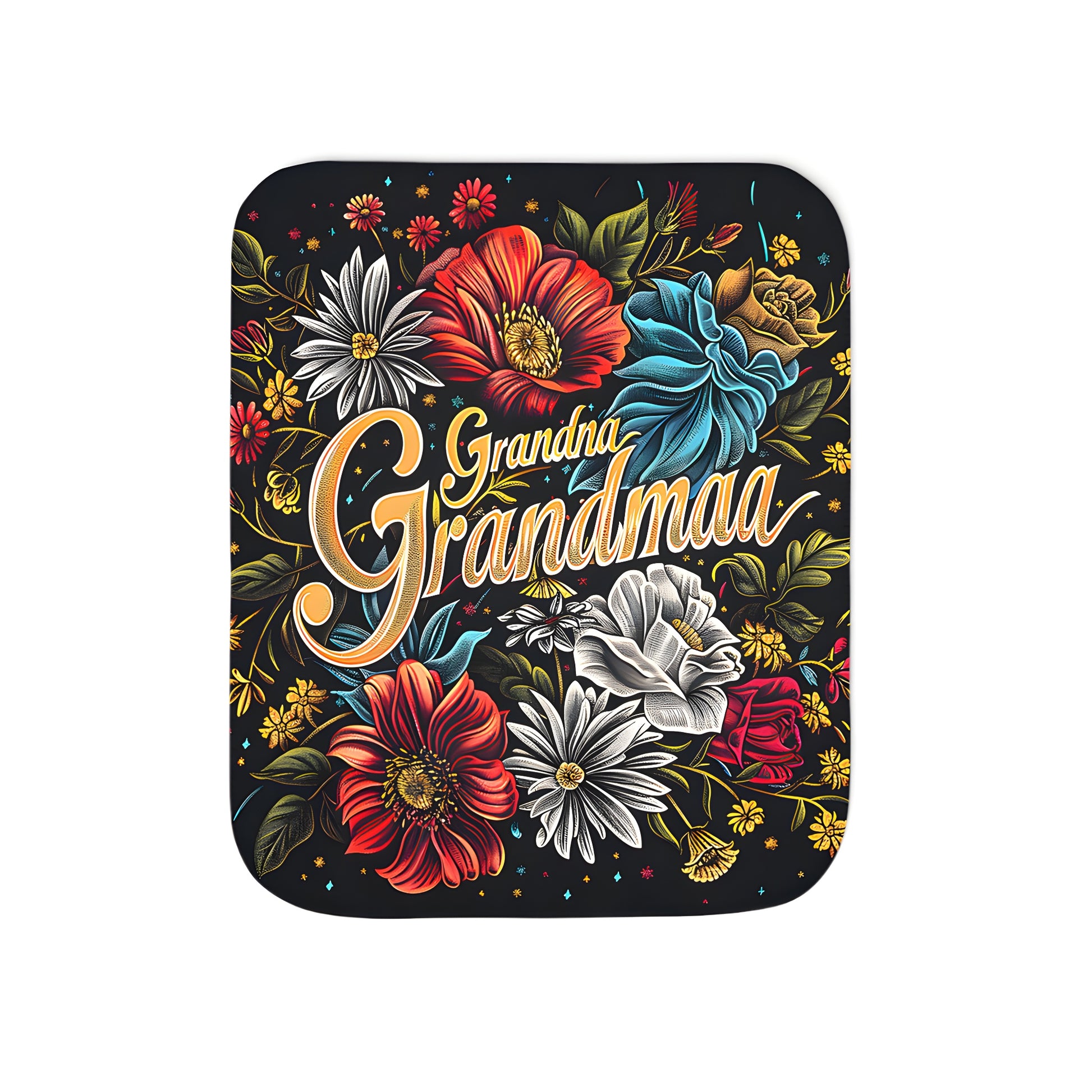 Cozy blanket with vibrant floral typography design featuring 'Grandma Grandmaa' surrounded by colorful flowers and leaves.