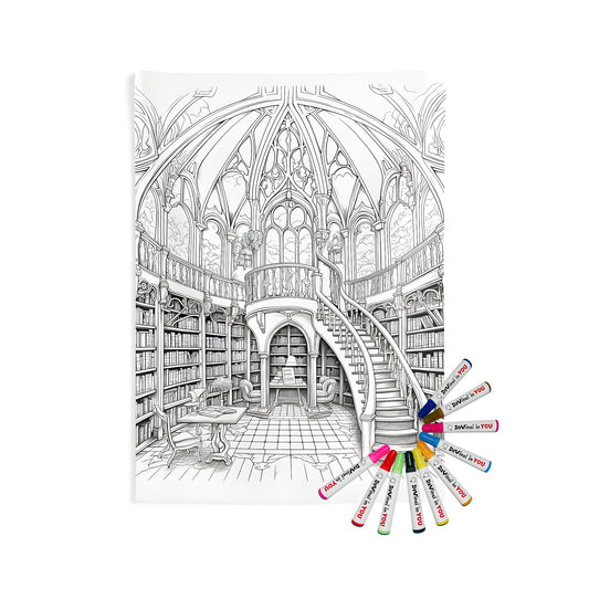 Indoor wall tapestries with library interior design featuring black and white illustration of grand library with high bookshelves, central staircase, and domed ceiling with gothic detailing