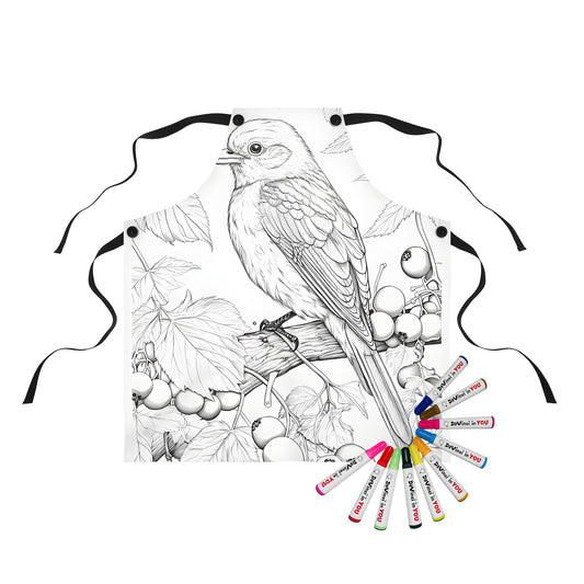 Aprons with bird illustrations, detailed perched birds on branches, nature-inspired prints