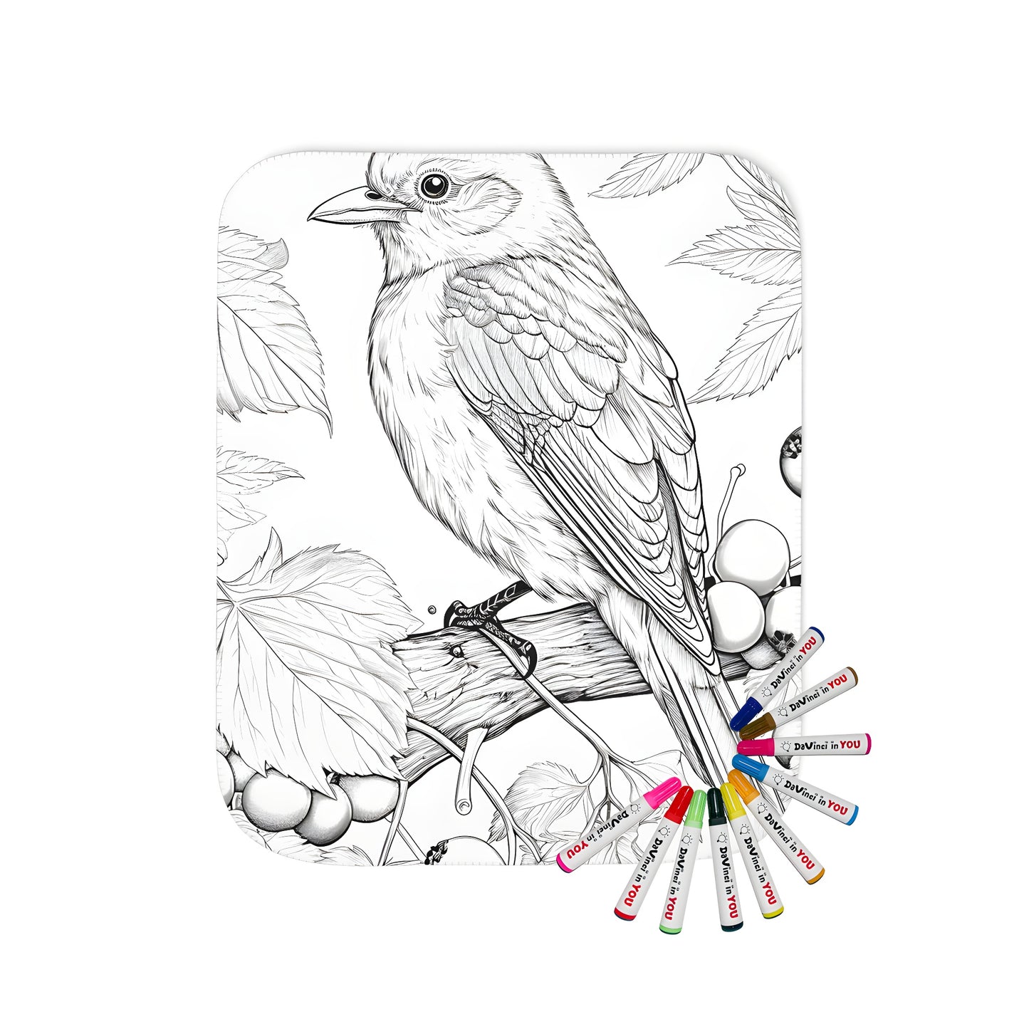 Coloring blanket with bird perched on branch design