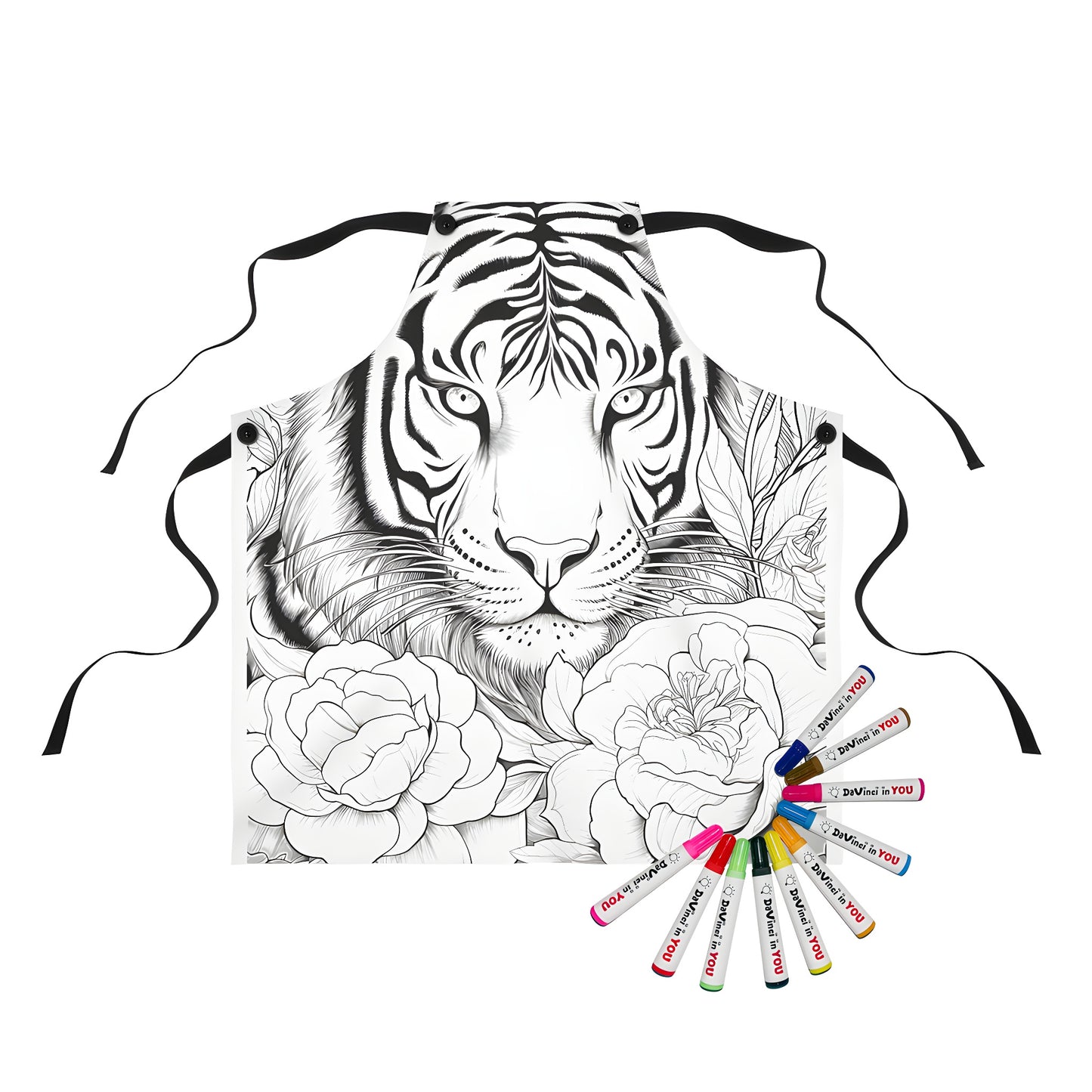 Colorful apron with intricate black and white tiger face design surrounded by large flowers