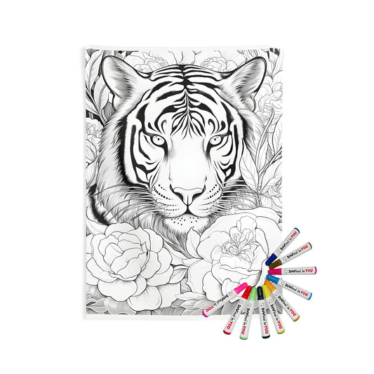 Indoor wall tapestries with intricate black and white line drawing of a tiger's face framed by large, detailed flowers